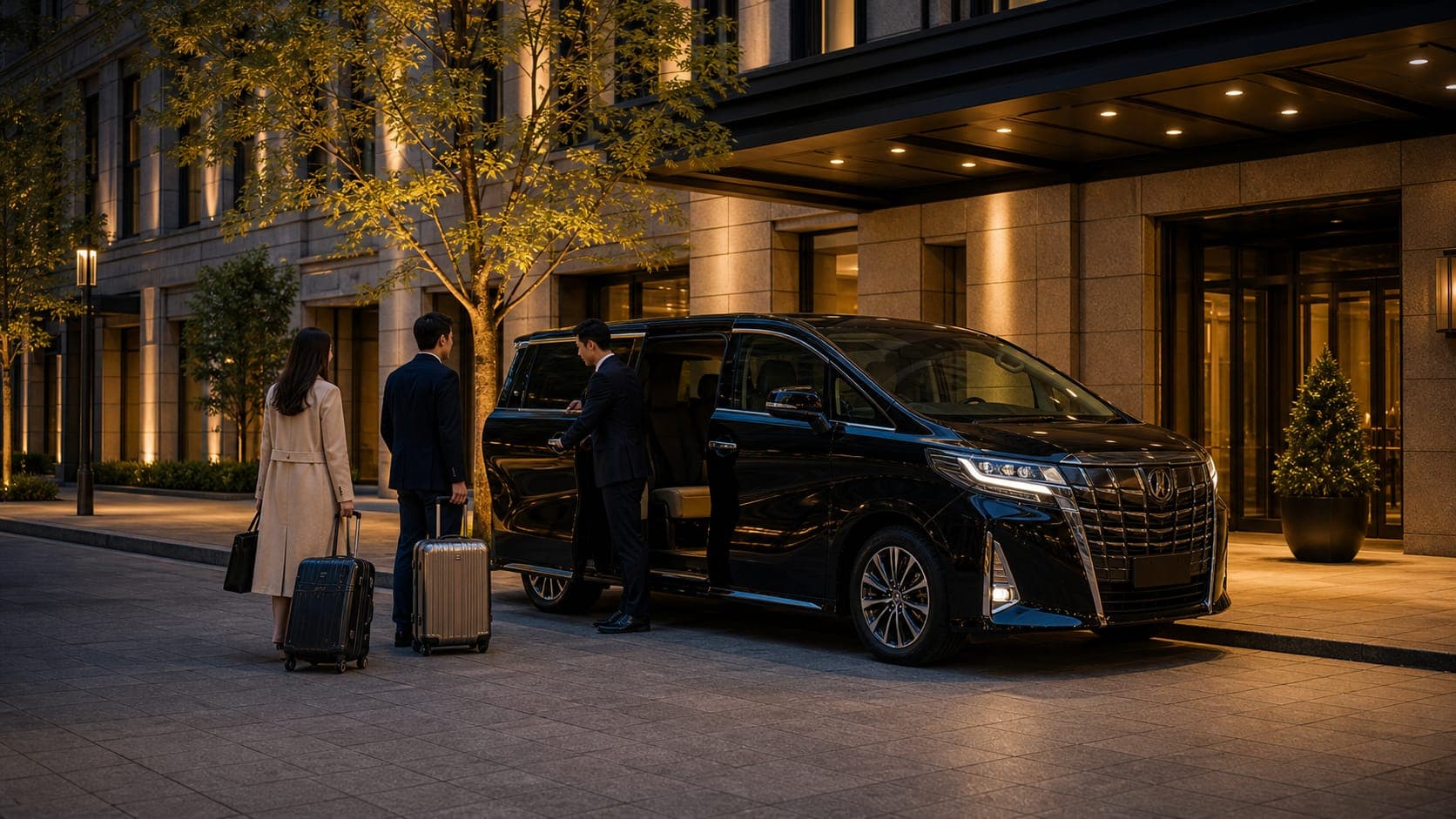 Private Alphard airport transfer at a Tokyo luxury hotel entrance
